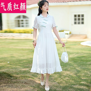 夏季裙子女2023年新款新中式改良旗袍复古国风少女短袖白色连衣裙
