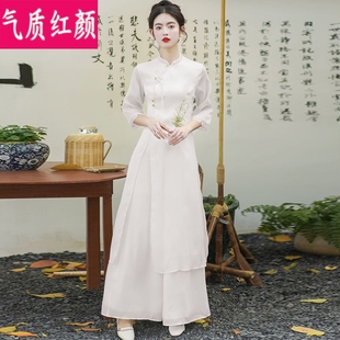 夏季汉服女中国风复古茶禅服禅意文艺改良旗袍茶艺服连衣裙两件套