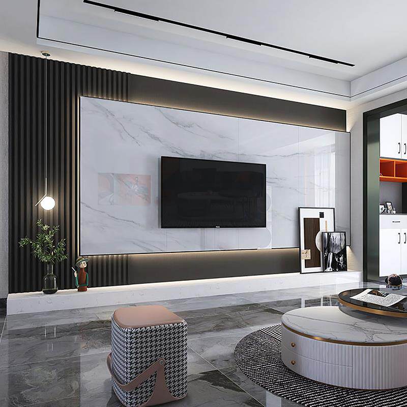 背景墙影视墙大理轻奢栅格悬空电视爵士白木现代简约客厅岩板石材