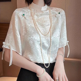 新中式高端提花白色衬衫女夏季设计感桑蚕丝国风盘扣气质短袖上衣