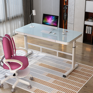 63-90cm高钢化玻璃台面电脑桌可升降桌台式学生书桌初中生写字桌