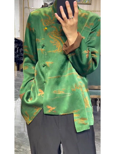【现货】早秋国风香云纱复古轻奢提花绿色衬衫高端新中式长袖上衣