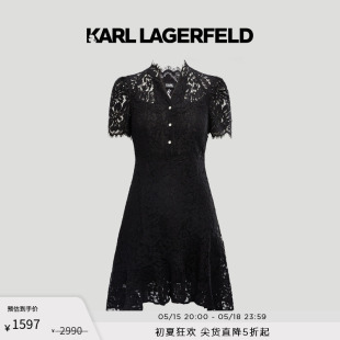 KARL LAGERFELD卡尔拉格斐春黑色高级感蕾丝短袖连衣裙新款老佛爷