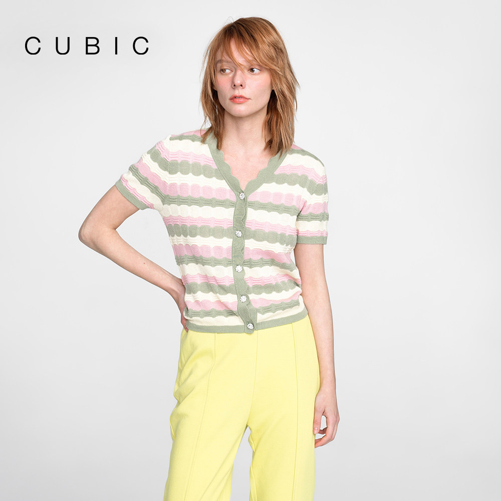 【明星同款系列】cubic珂璧春季新款v领荷叶边几何短袖针织衫女
