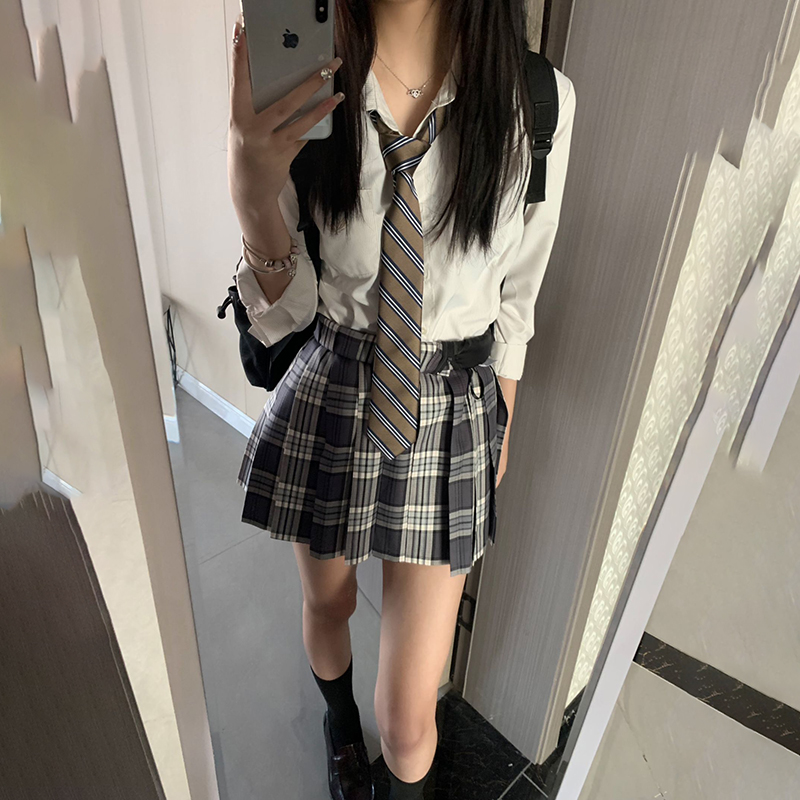 藏冬/原创校供感灰色JK制服春秋套装格裙百褶裙a字裙半身裙学院风