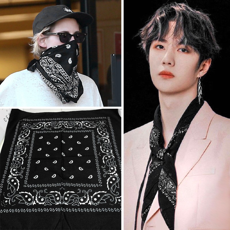 腰果花丝巾小方巾春秋男女美式复古黑色王一博同款头巾嘻哈小围巾