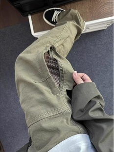 美式机能冲锋裤男款时尚防风尼龙裤子直筒侧拉链军绿色登山工装裤
