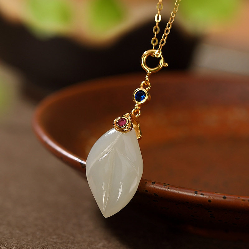 s925纯银镀金和田玉吊坠复古个性叶子女士时尚挂坠挂件