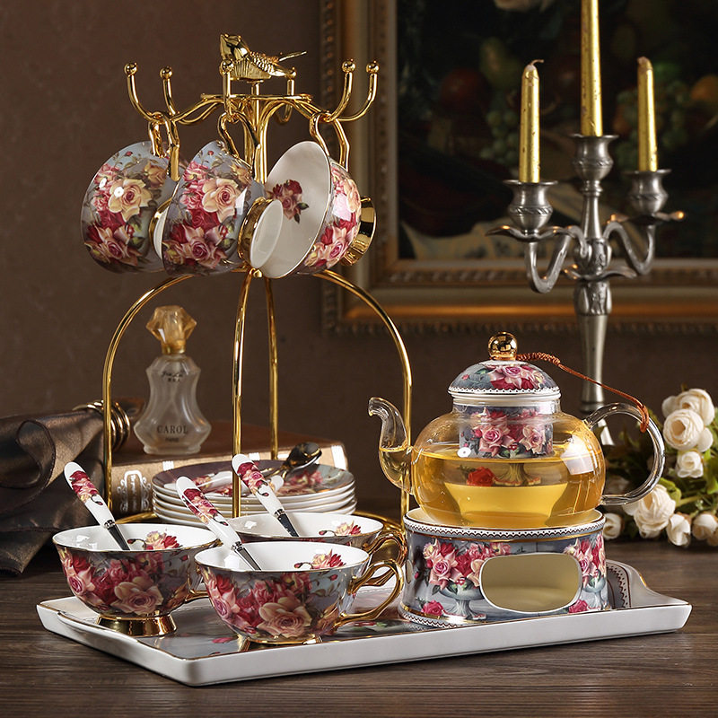 欧式骨瓷玫瑰花茶茶具套装英式下午茶玻璃蜡烛加热花茶壶茶杯组合