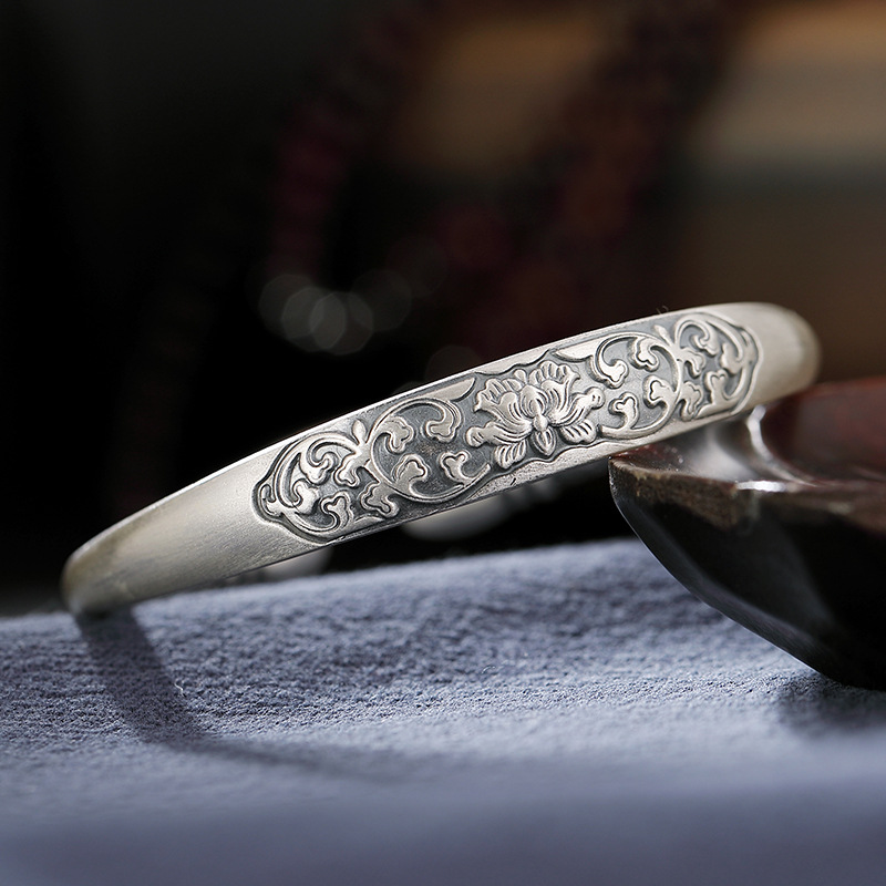 s999足银莲花六字真言手镯个性复古气质开口设计手环女款