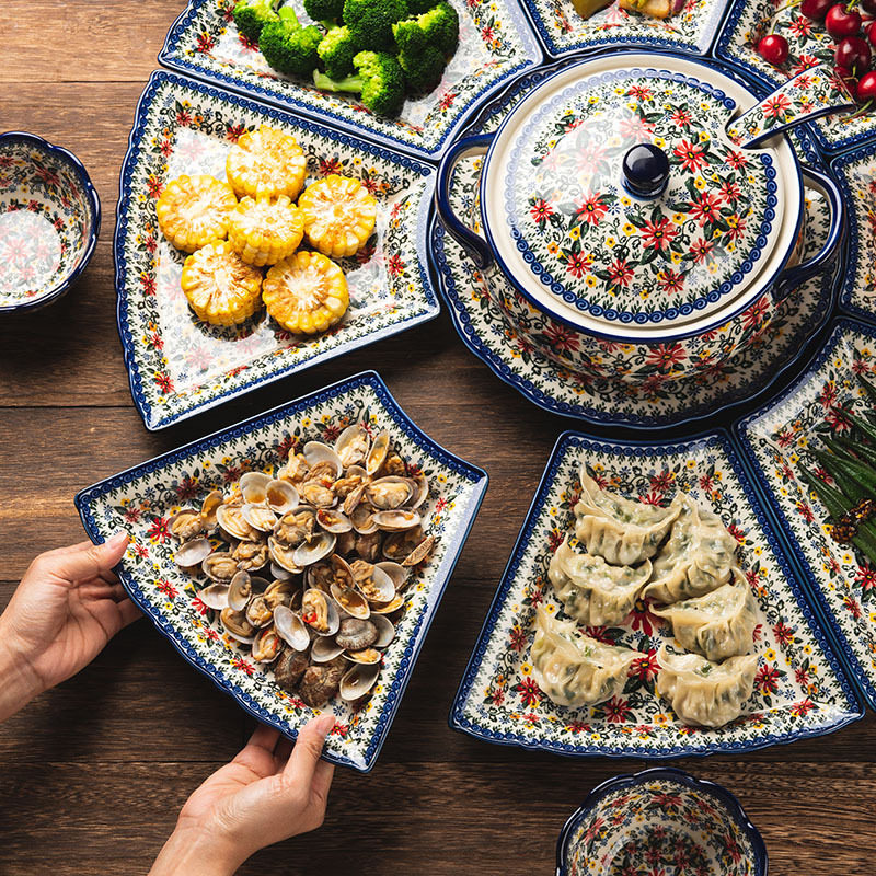 波兰陶瓷拼盘组合套装民族风家用双耳锅菜盘团圆餐具过年圆桌摆盘