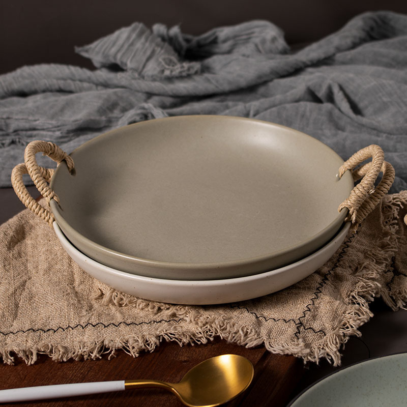 日式餐具手编麻绳双耳盘菜盘创意家用陶瓷浅盘寿司盘个性网红盘子