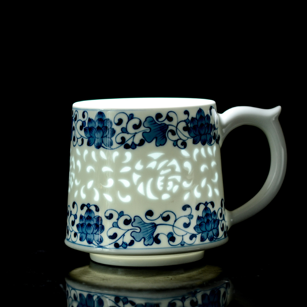 景德镇手工福字陶瓷过滤茶杯手绘青花玲珑大号办公室会议泡茶杯子