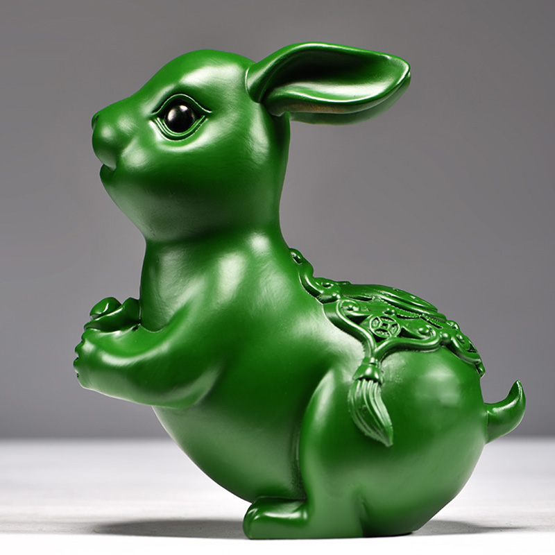绿色木雕刻兔子摆件三合十二生肖实木兔家居客厅新居装饰工艺礼品