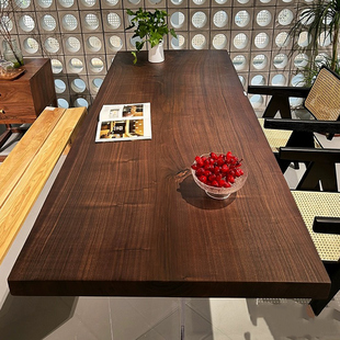 北美黑胡桃木餐桌简约北欧全实木长方形大板家用原木餐台书茶桌子