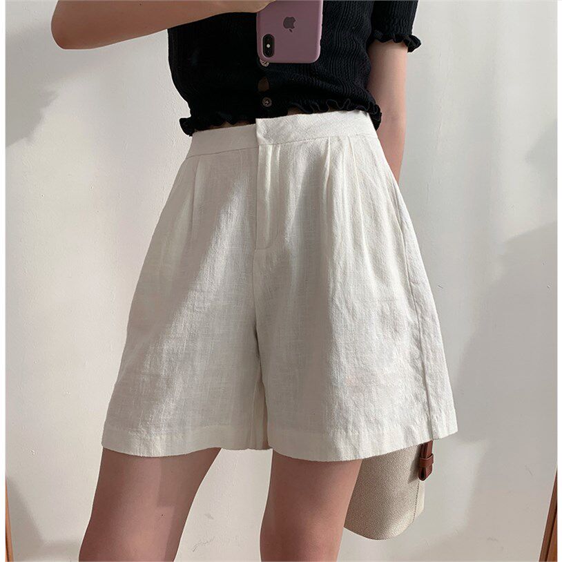 白色棉麻短裤女夏季薄款宽松高腰2020新款麻料a字麻阔腿五分裤