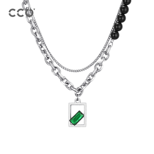 CCO高级设计感双层拼接珍珠钛钢项链男小众嘻哈ins潮牌吊坠送男友