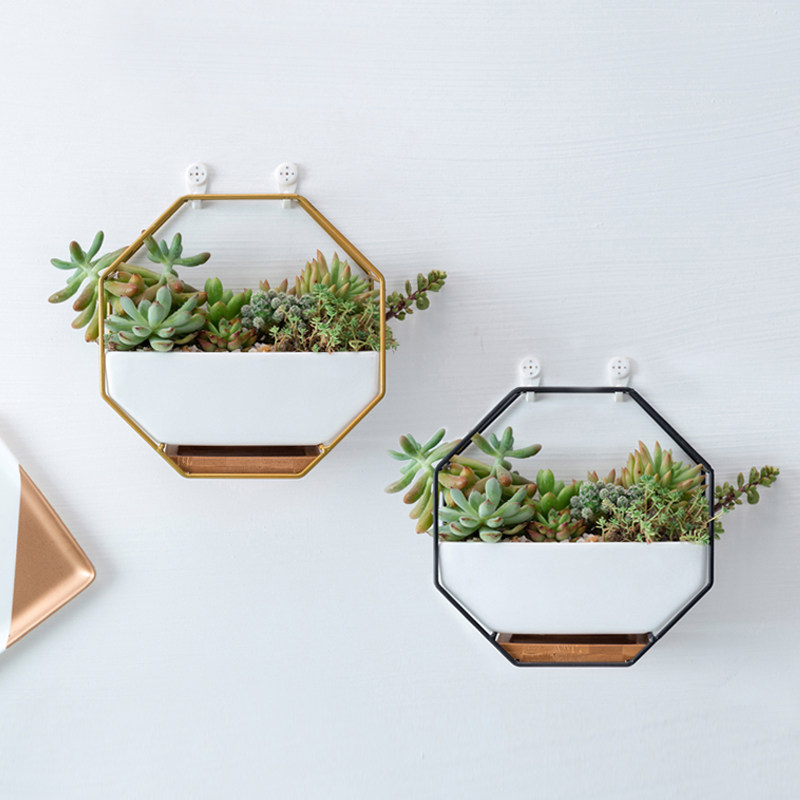 北欧挂壁铁架壁挂陶瓷花盆懒人绿萝墙壁挂式墙上悬挂式挂个性花器