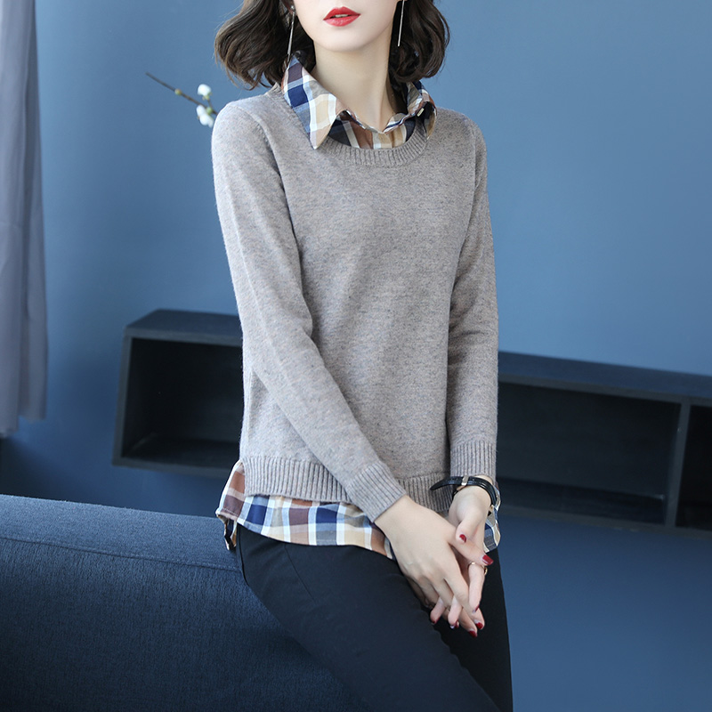 2021年春款女装针织打底衫假两件毛衣女宽松假领子百搭衬衫领洋气