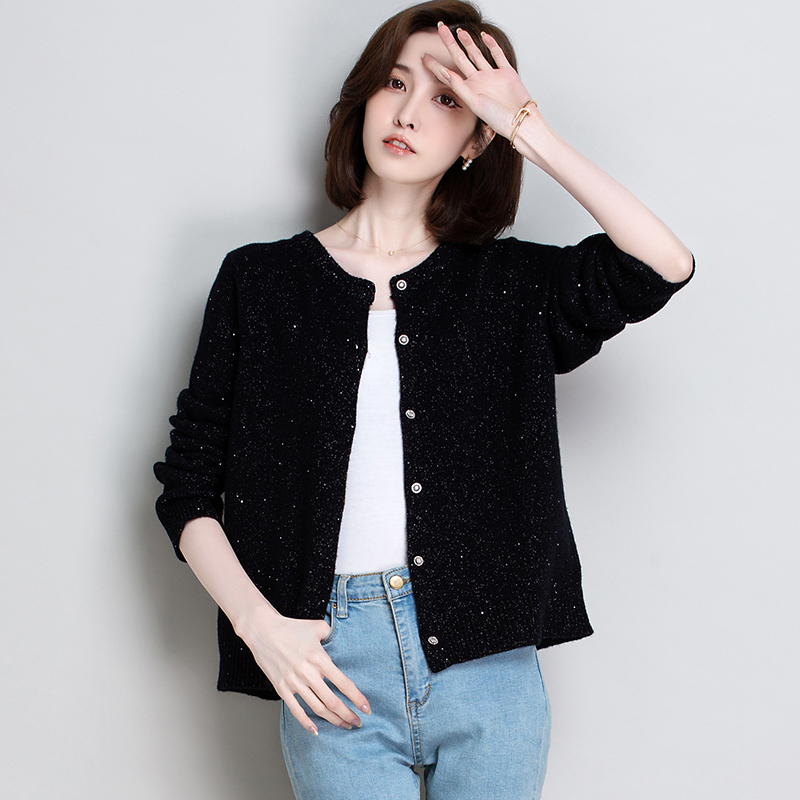 羊毛开衫女100纯羊毛超细羊毛衫薄款黑色短款针织外套新款针织衫