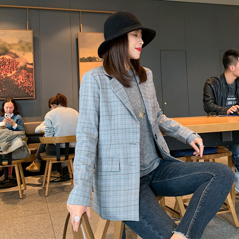 品牌特惠翻领格子灰色西装外套女春季复古简约宽松西服欧货