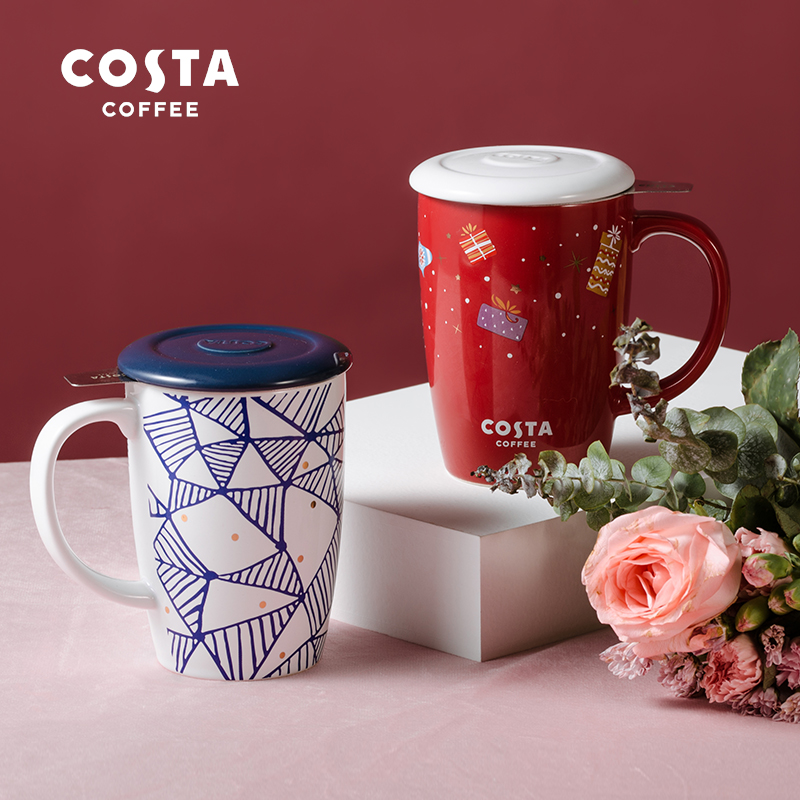 costa杯子马克杯带盖勺大容量i陶瓷杯可爱茶杯家用茶水分离咖啡杯