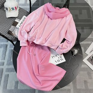 高级感粉色休闲运动套装女春时尚洋气减龄假两件卫衣半身裙两件套