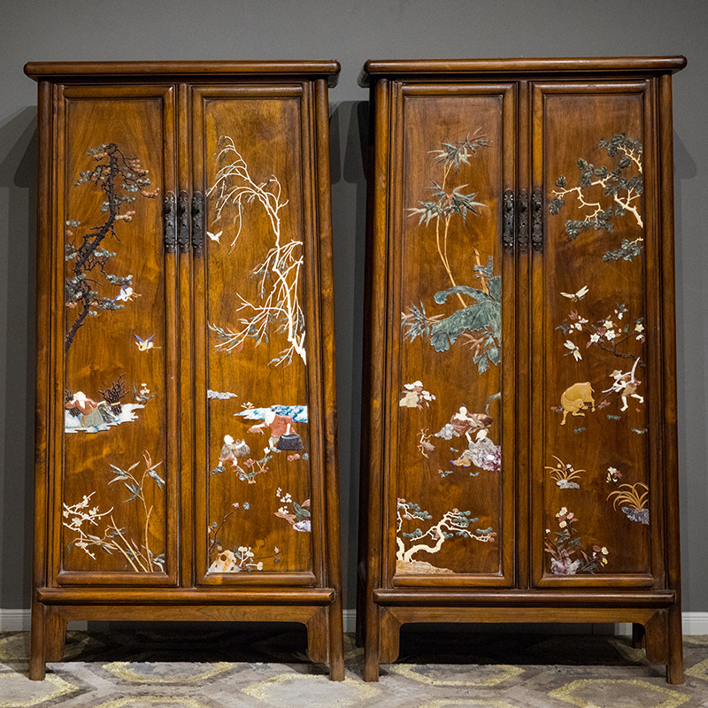 清代红木百宝嵌渔樵耕读圆角柜(一对)明式古典家具收藏红木柜子