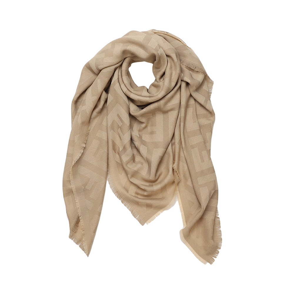 fendi/芬迪官方正品冬季新款羊毛方形披肩围巾浅棕色老花图案