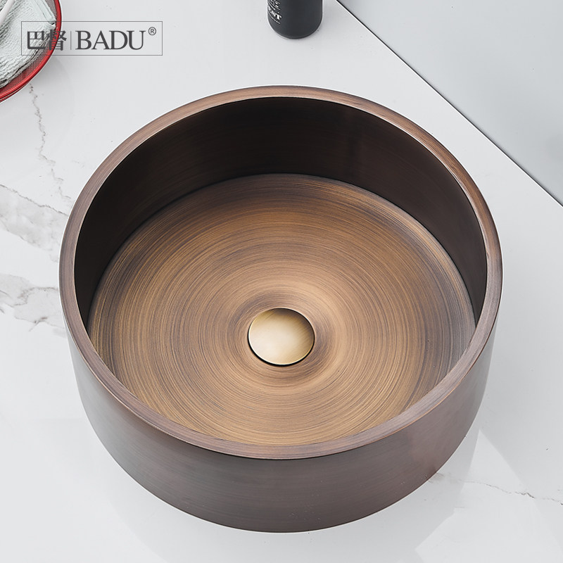 (今日5折)巴督 304不锈钢复古台上盆民宿别墅圆形洗手盆仿古铜色洗脸