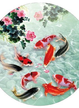 荷花鲤鱼图厨房贴纸手绘风水招财墙贴挂画新中式九鱼图玄关装饰画