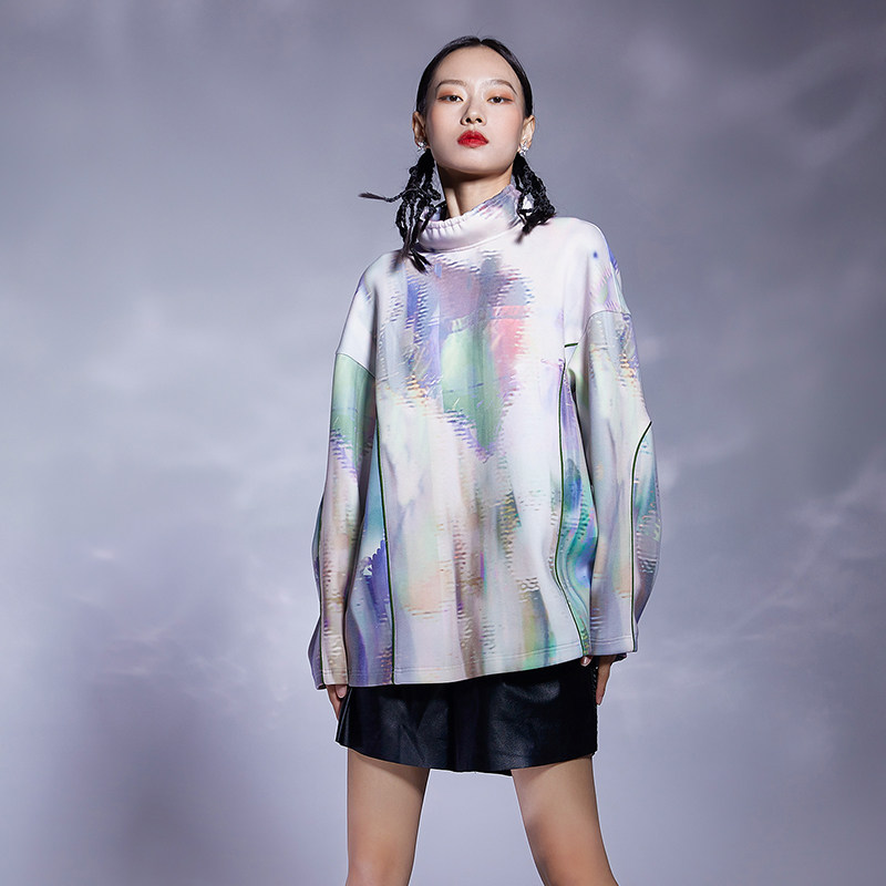 盖娅致裳秋冬季新品亲肤印花太空棉空气层国潮街头运动抽绳卫衣女