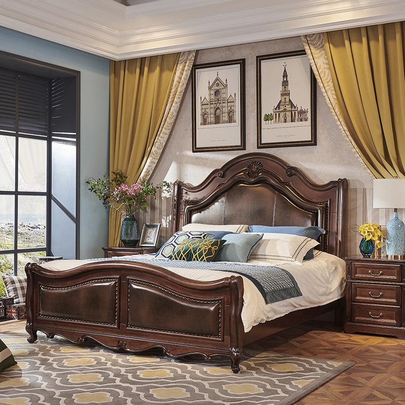 美式全实木双人床复古简约风主卧婚床家具真皮软靠带雕花小美风