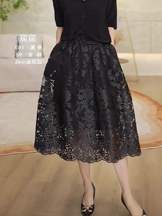 黑色小碎花蕾丝网纱半身裙女精致设计感时尚A字裙中长款大摆伞裙