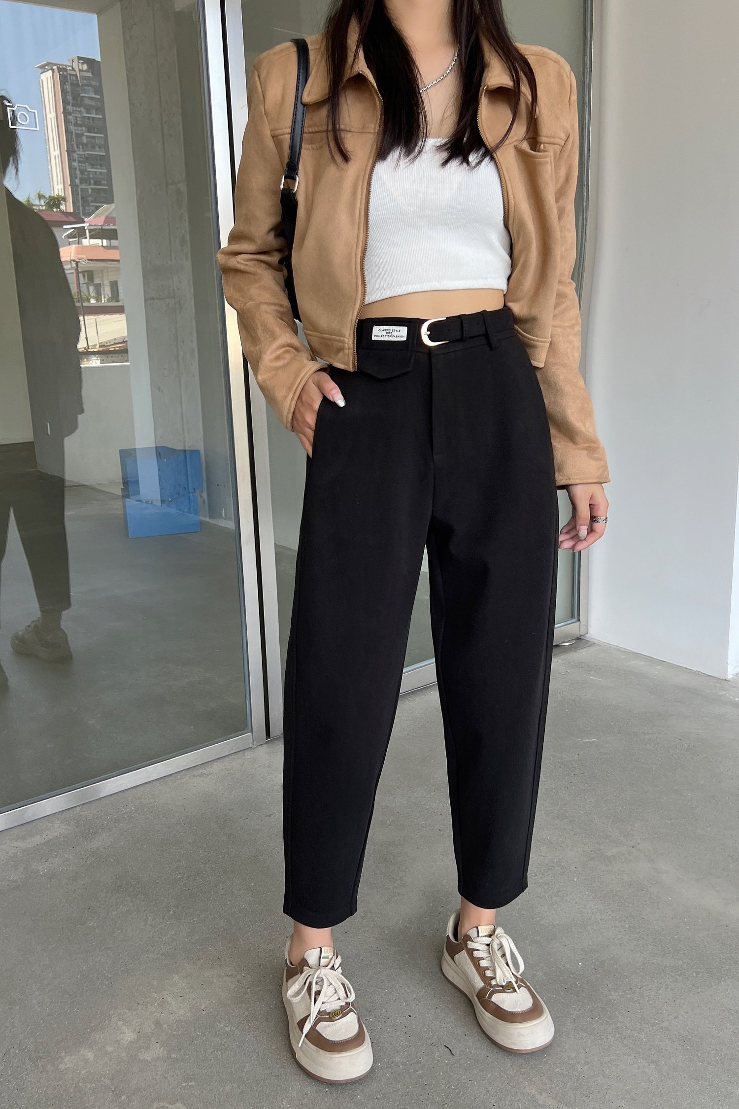 简谜山羊绒女裤冬款黑色哈伦裤高腰宽松显瘦胖妹妹休闲九分裤潮