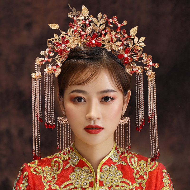 秀禾头饰新娘中式大气凤冠秀禾服配饰复古红色流苏发钗步摇发饰女