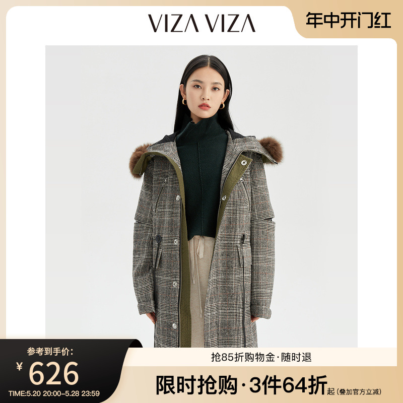 【商场同款】VIZA VIZA 冬装新款狐狸毛领法式格子气质毛呢外套女