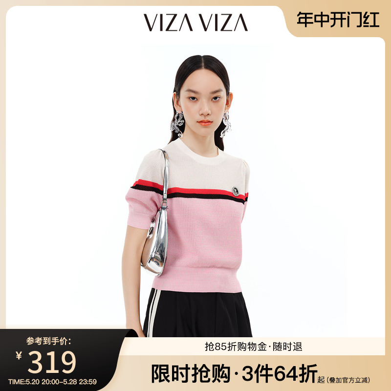 【商场同款】VIZA VIZA 2024年夏季新款通勤风短袖圆领毛针织衫女