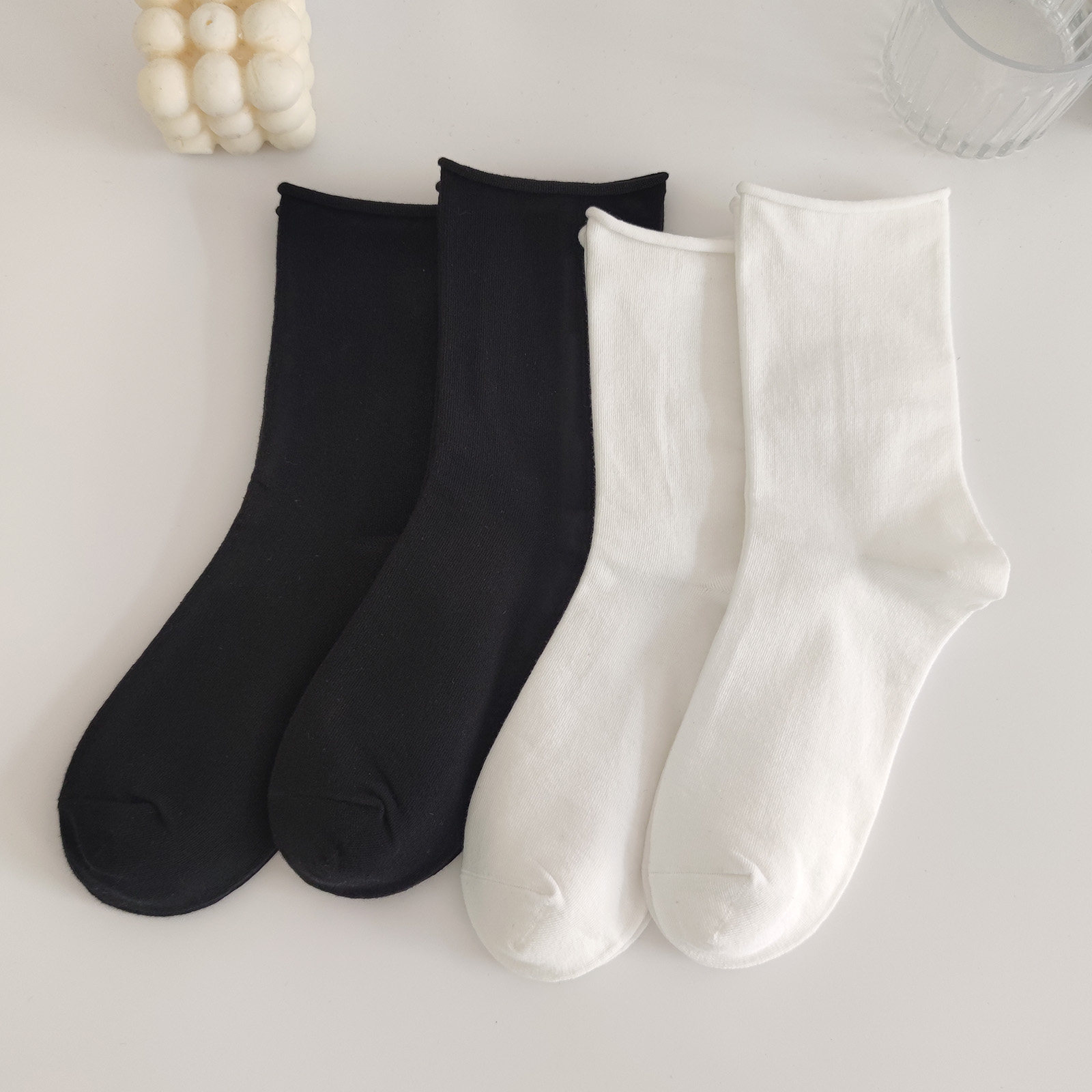 黑色袜子女配皮鞋中筒ins潮春秋外穿纯棉长筒秋冬白色卷边堆堆袜