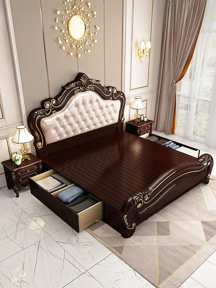 欧式风格全实木床1.8米主卧双人床1.5美式乡村抽屉公主婚床胡桃色