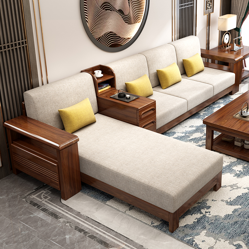 胡桃木实木沙发冬夏两用现代新中式家具客厅轻奢木质储物沙发组合