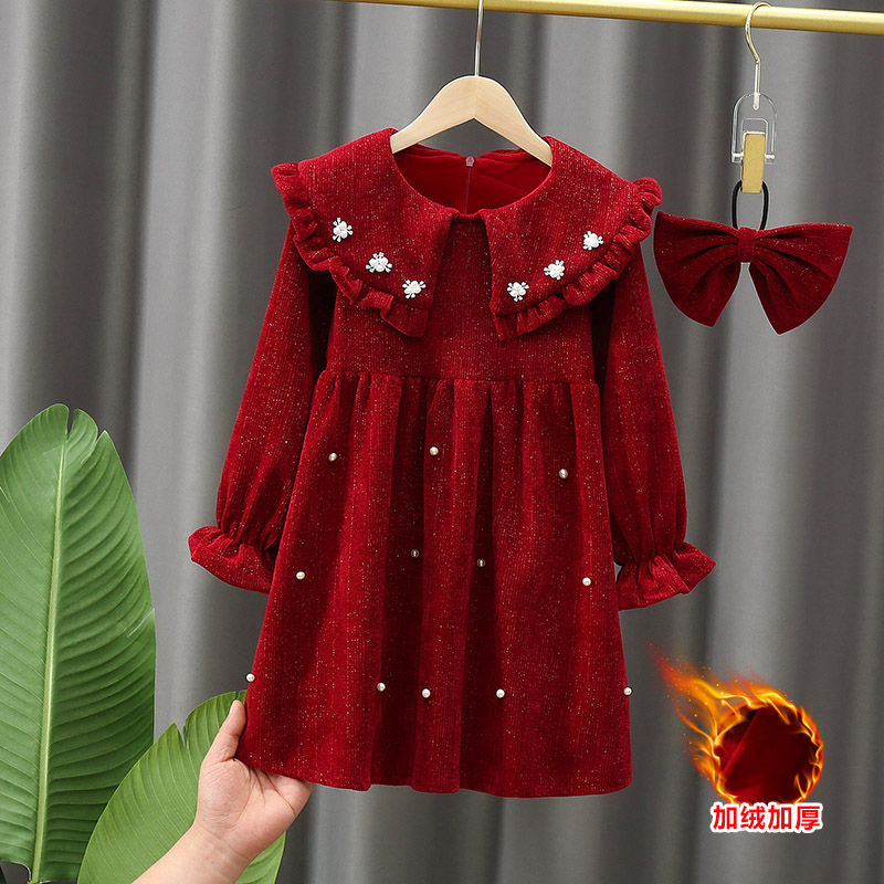 女童连衣裙冬装儿童加绒加厚新年裙子红色过年裙洋气拜年服公主裙