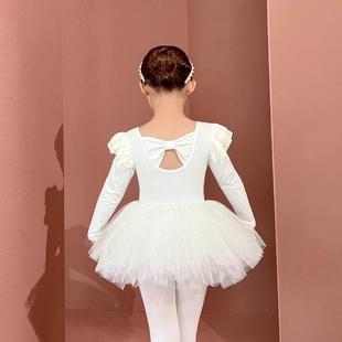 儿童舞蹈服长袖冬季纯棉白色女童练功服连体韩版幼儿芭蕾舞纱裙子