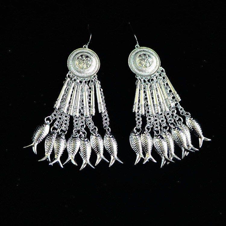 民族风耳环苗族银耳环舞台演出服装项圈舞蹈演出配带银饰耳环新款