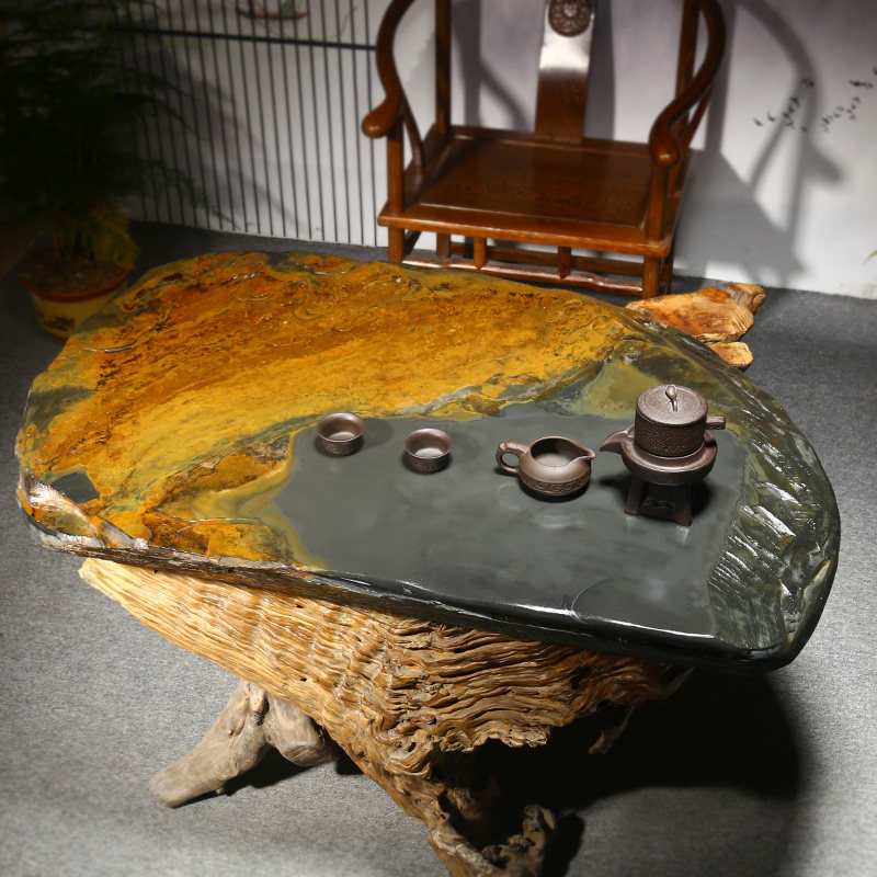 歙砚台茶盘精品水坑金皮金晕原石砚板中国风家用茶具星火燎原石头茶台