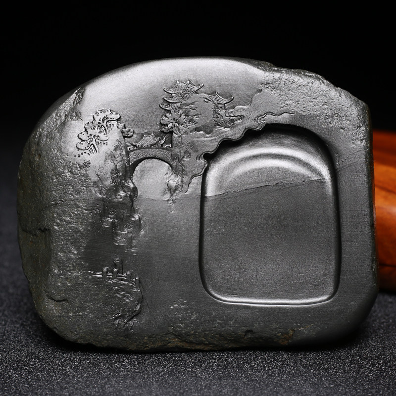 匠心非遗安徽手工砚台老坑端砚天然原石磨墨条书法专用方形带盖砚台文