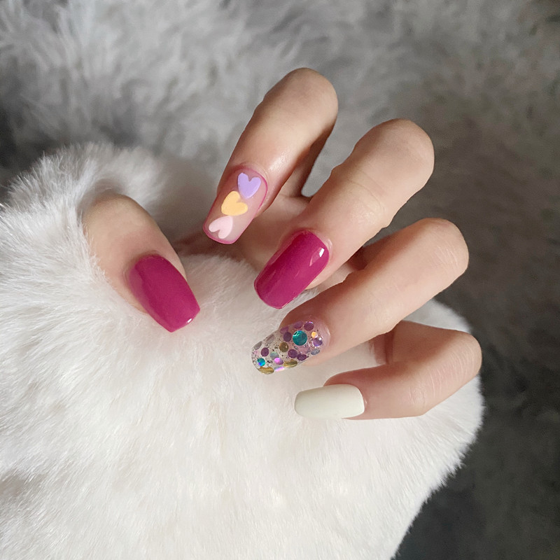 曼辞手工高端定制穿戴美甲爱心显白玫红透粉芭蕾甲可拆卸成品甲片