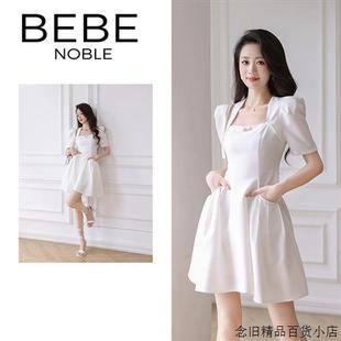 BEBE NOBLE显瘦白色短款轻奢小黑裙法式方领短袖收腰高级感连衣裙