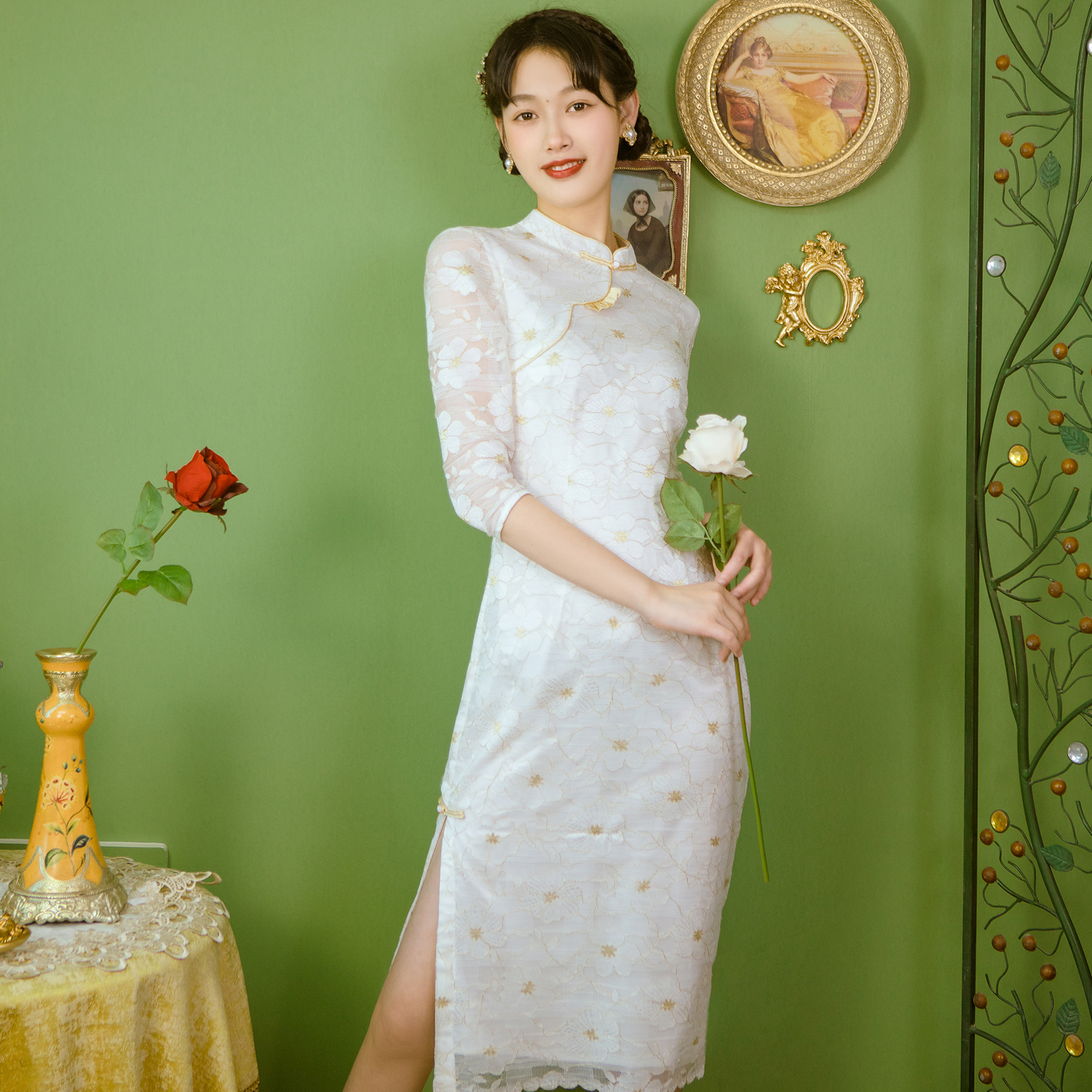 2021秋款复古中国风改良版旗袍长袖连衣裙领证款订婚礼服日常可穿