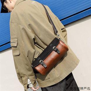 香港新款撞色复古真皮潮男士包单肩斜挎包水桶包潮流时尚小包